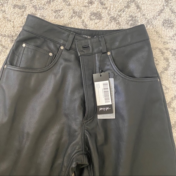 Nasty Gal Leather High Waisted Slit Pants black straight leg real hem premium - Picture 7 of 12